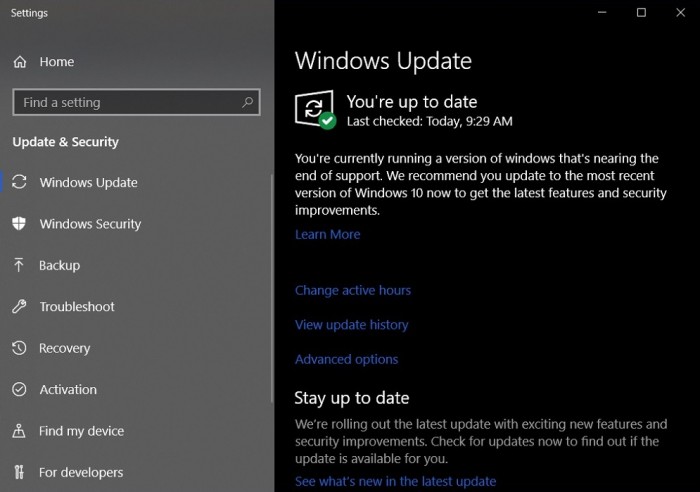 Windows Update页面会在当前版本即将停止支持时发出提醒通知